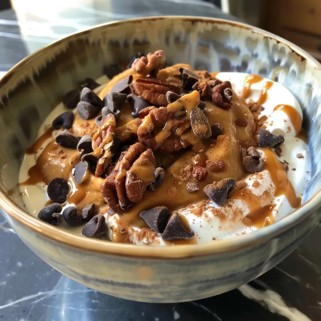 ['A close-up view of a pumpkin spice yogurt bowl with chocolate chips and a drizzle of magic shell.', 'Side view of a creamy yogurt bowl topped with pumpkin puree, spices, and chocolate treats.', 'Delicious-looking pumpkin spice yogurt bowl with a glossy chocolate shell and vibrant colors.', 'A tantalizing yogurt bowl featuring pumpkin flavors, chocolate chips, and a shiny topping.']