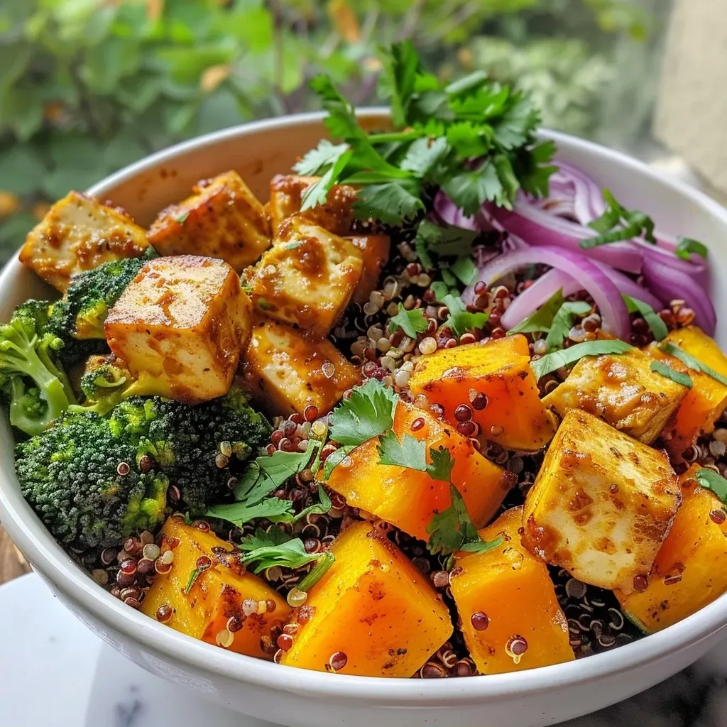 ['A close-up view of a Roasted Butternut Squash Quinoa Bowl featuring vibrant ingredients.', 'Side view of a colorful nourish bowl with roasted butternut squash, quinoa, and fresh vegetables.', 'Juicy and delicious Roasted Butternut Squash Quinoa Bowl with tofu and broccoli, captured beautifully.', 'A close-up shot highlighting the textures of a roasted butternut squash and quinoa dish with garnishes.']