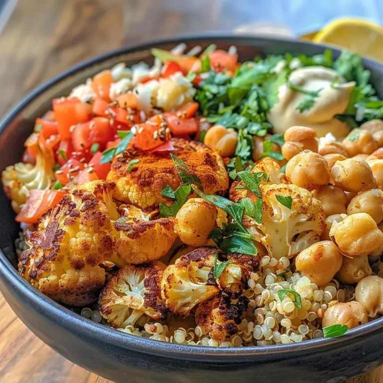 ['A close-up side view of a colorful roasted cauliflower and chickpea bowl garnished with fresh herbs.', 'A delicious roasted cauliflower and chickpea bowl filled with quinoa, drizzled with tahini, and topped with lemon.', 'A vibrant bowl showcasing roasted cauliflower, chickpeas, and quinoa, accented with herbs and lemon wedges.', 'A detailed view of roasted cauliflower and chickpeas with quinoa and a tahini dressing in a rustic bowl.']