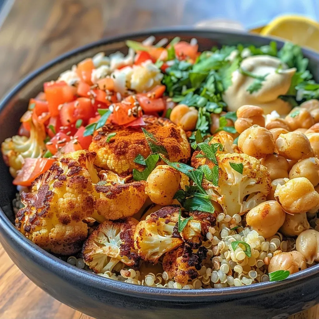 ['A close-up side view of a colorful roasted cauliflower and chickpea bowl garnished with fresh herbs.', 'A delicious roasted cauliflower and chickpea bowl filled with quinoa, drizzled with tahini, and topped with lemon.', 'A vibrant bowl showcasing roasted cauliflower, chickpeas, and quinoa, accented with herbs and lemon wedges.', 'A detailed view of roasted cauliflower and chickpeas with quinoa and a tahini dressing in a rustic bowl.']