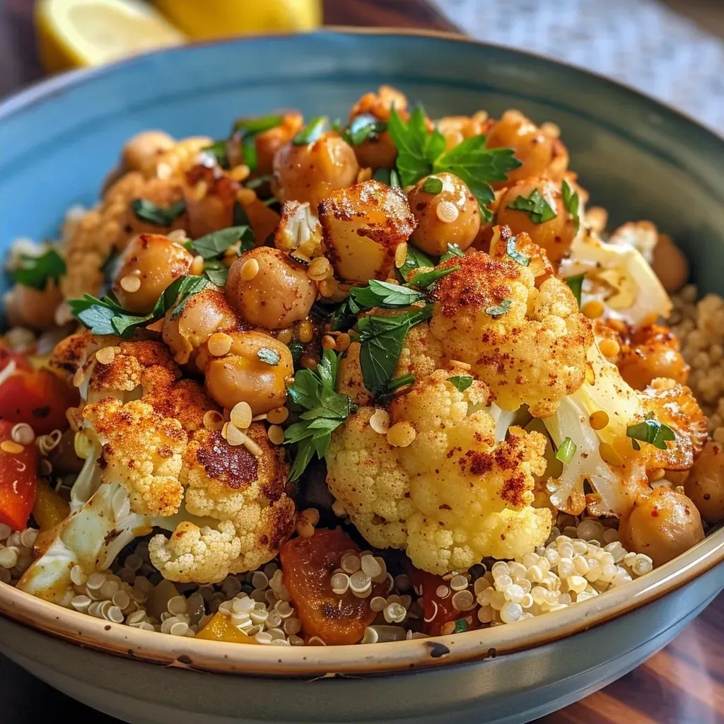 ['A close-up side view of a colorful roasted cauliflower and chickpea bowl garnished with fresh herbs.', 'A delicious roasted cauliflower and chickpea bowl filled with quinoa, drizzled with tahini, and topped with lemon.', 'A vibrant bowl showcasing roasted cauliflower, chickpeas, and quinoa, accented with herbs and lemon wedges.', 'A detailed view of roasted cauliflower and chickpeas with quinoa and a tahini dressing in a rustic bowl.']