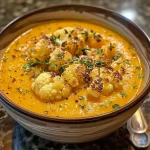 ['Close-up of creamy roasted cauliflower pumpkin soup in a bowl, garnished with roasted cauliflower pieces.', 'Side view of a vibrant orange pumpkin soup with cauliflower, served in a rustic bowl.', 'Rich and creamy roasted cauliflower pumpkin soup, featuring herbs and a drizzle of cream on top.', 'Bowl of roasted cauliflower pumpkin soup with chunky ingredients and an inviting texture.']
