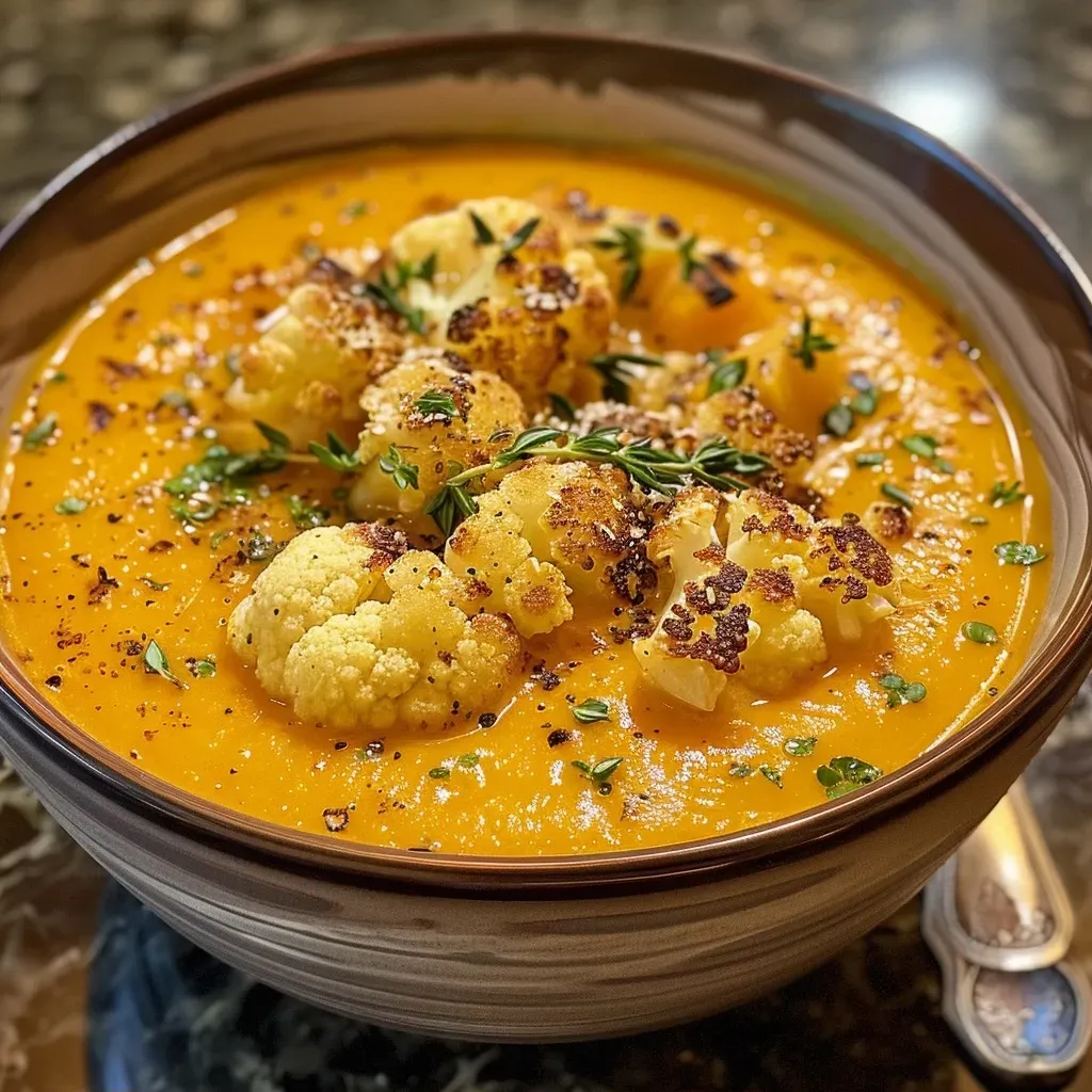 ['Close-up of creamy roasted cauliflower pumpkin soup in a bowl, garnished with roasted cauliflower pieces.', 'Side view of a vibrant orange pumpkin soup with cauliflower, served in a rustic bowl.', 'Rich and creamy roasted cauliflower pumpkin soup, featuring herbs and a drizzle of cream on top.', 'Bowl of roasted cauliflower pumpkin soup with chunky ingredients and an inviting texture.']
