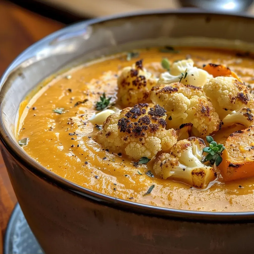['Close-up of creamy roasted cauliflower pumpkin soup in a bowl, garnished with roasted cauliflower pieces.', 'Side view of a vibrant orange pumpkin soup with cauliflower, served in a rustic bowl.', 'Rich and creamy roasted cauliflower pumpkin soup, featuring herbs and a drizzle of cream on top.', 'Bowl of roasted cauliflower pumpkin soup with chunky ingredients and an inviting texture.']