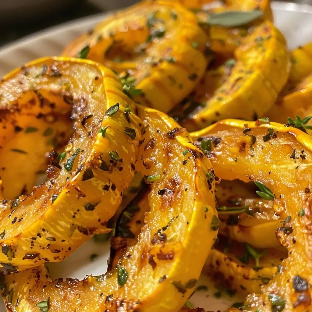 Close-up view of roasted delicata squash rings on a plate.