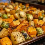 ['Close-up view of colorful roasted fall harvest vegetables, including butternut squash, brussels sprouts, and baby potatoes.', 'Side view of a plate filled with vibrant roasted fall vegetables, showcasing their golden and green hues.', 'A detailed shot of roasted butternut squash, brussels sprouts, and potatoes drizzled with olive oil and herbs.', 'Close-up image of a delicious medley of roasted vegetables in a bowl, highlighting their textures and colors.']