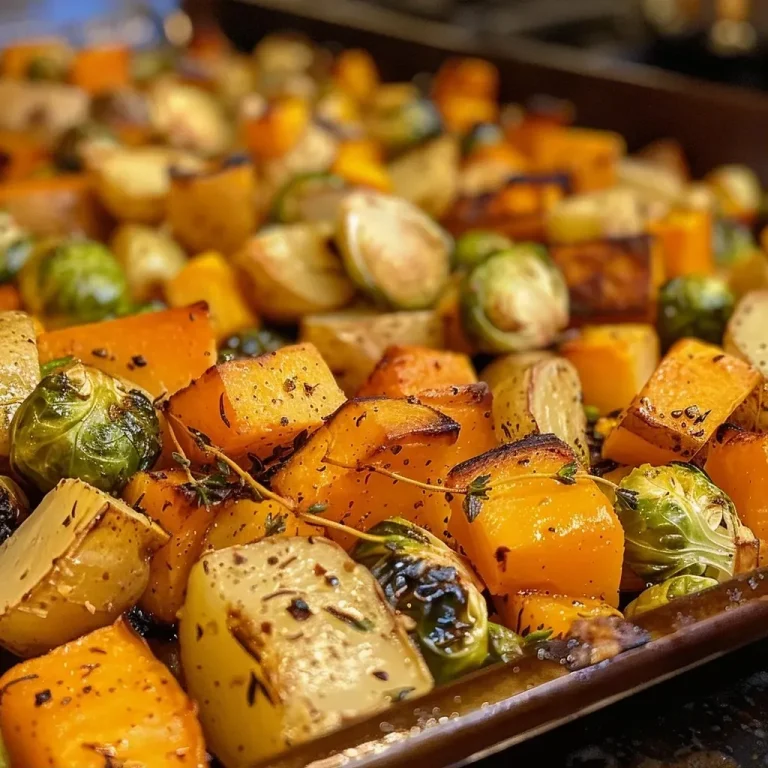 ['Close-up view of colorful roasted fall harvest vegetables, including butternut squash, brussels sprouts, and baby potatoes.', 'Side view of a plate filled with vibrant roasted fall vegetables, showcasing their golden and green hues.', 'A detailed shot of roasted butternut squash, brussels sprouts, and potatoes drizzled with olive oil and herbs.', 'Close-up image of a delicious medley of roasted vegetables in a bowl, highlighting their textures and colors.']