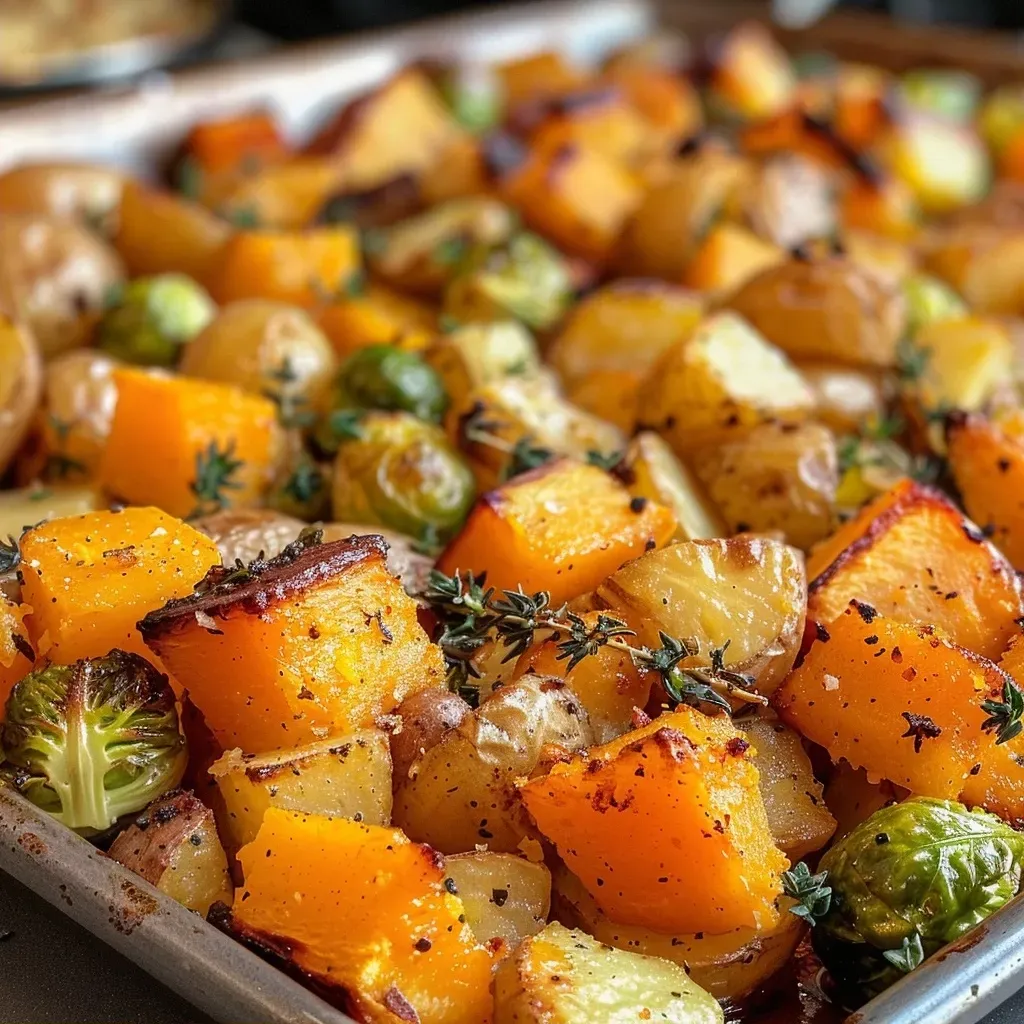 ['Close-up view of colorful roasted fall harvest vegetables, including butternut squash, brussels sprouts, and baby potatoes.', 'Side view of a plate filled with vibrant roasted fall vegetables, showcasing their golden and green hues.', 'A detailed shot of roasted butternut squash, brussels sprouts, and potatoes drizzled with olive oil and herbs.', 'Close-up image of a delicious medley of roasted vegetables in a bowl, highlighting their textures and colors.']