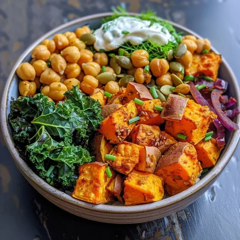 ['Close-up view of a roasted sweet potato bowl topped with crispy kale, pumpkin seeds, and yogurt dill sauce.', 'Vibrant roasted sweet potato bowl featuring chickpeas, chopped kale, and a drizzle of creamy yogurt sauce.', 'Detailed side shot of a bowl filled with roasted sweet potatoes, crispy kale, and garnished with dill yogurt sauce.', 'Colorful roasted sweet potato bowl with chickpeas, crunchy pumpkin seeds, and fresh dill yogurt dressing.']