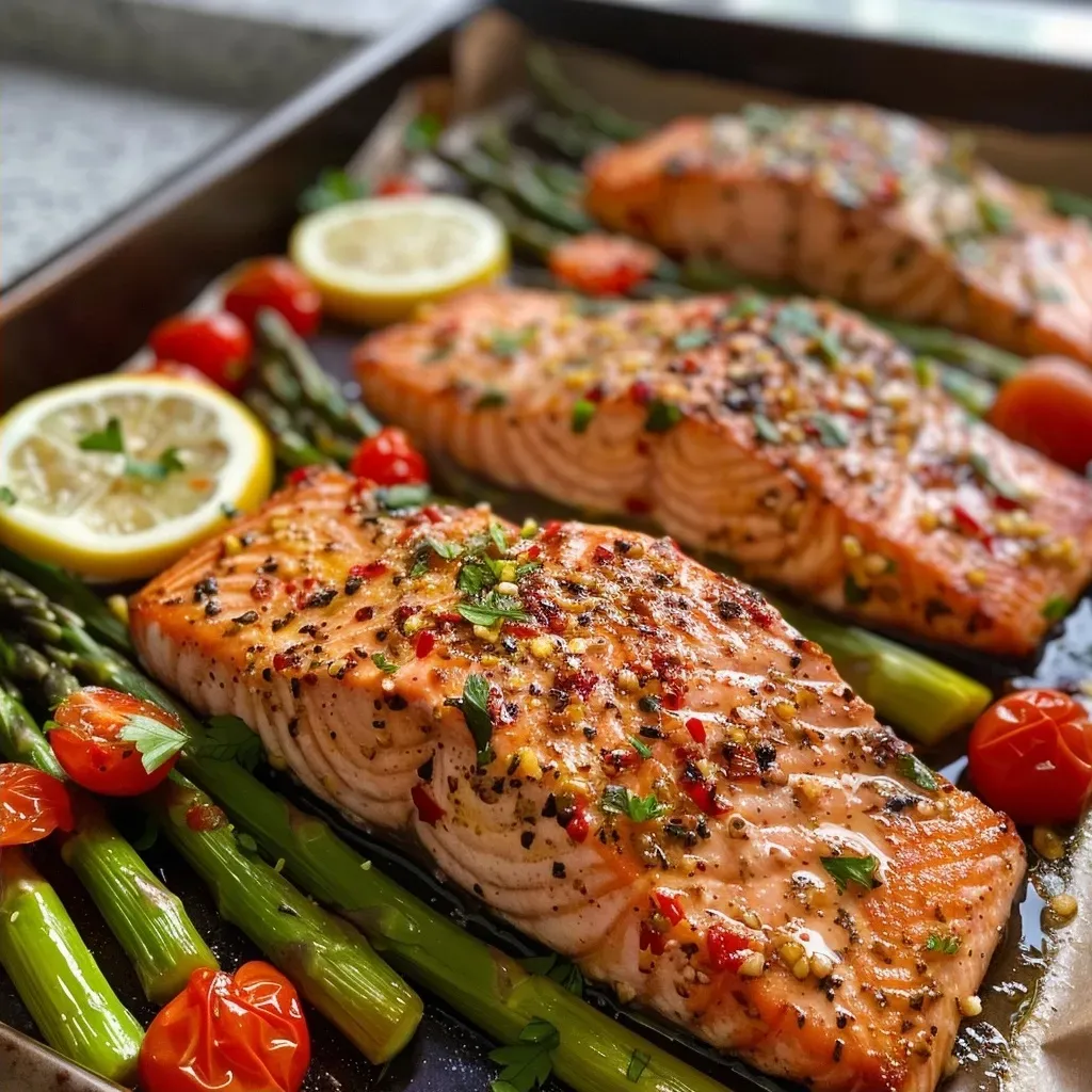 ['Close-up view of juicy salmon filets and vibrant asparagus on a baking sheet.', 'Side profile of a colorful sheet pan filled with salmon and asparagus, garnished with lemon.', 'Delicious salmon and asparagus arranged on a sheet pan with fresh cherry tomatoes.', 'Mouth-watering salmon fillets and crisp asparagus spears ready to be served.']