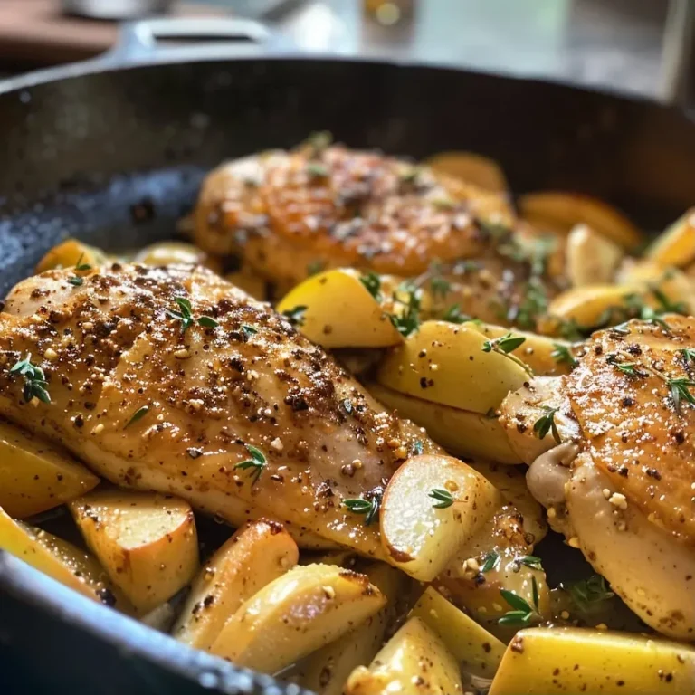 ['Juicy skillet apple cider chicken garnished with fresh herbs.', 'Close-up of skillet apple cider chicken featuring apple slices and herbs.', 'Delicious chicken thighs cooked with apple slices and spices in a skillet.', 'Side view of juicy chicken thighs with apple cider reduction and herbs.']
