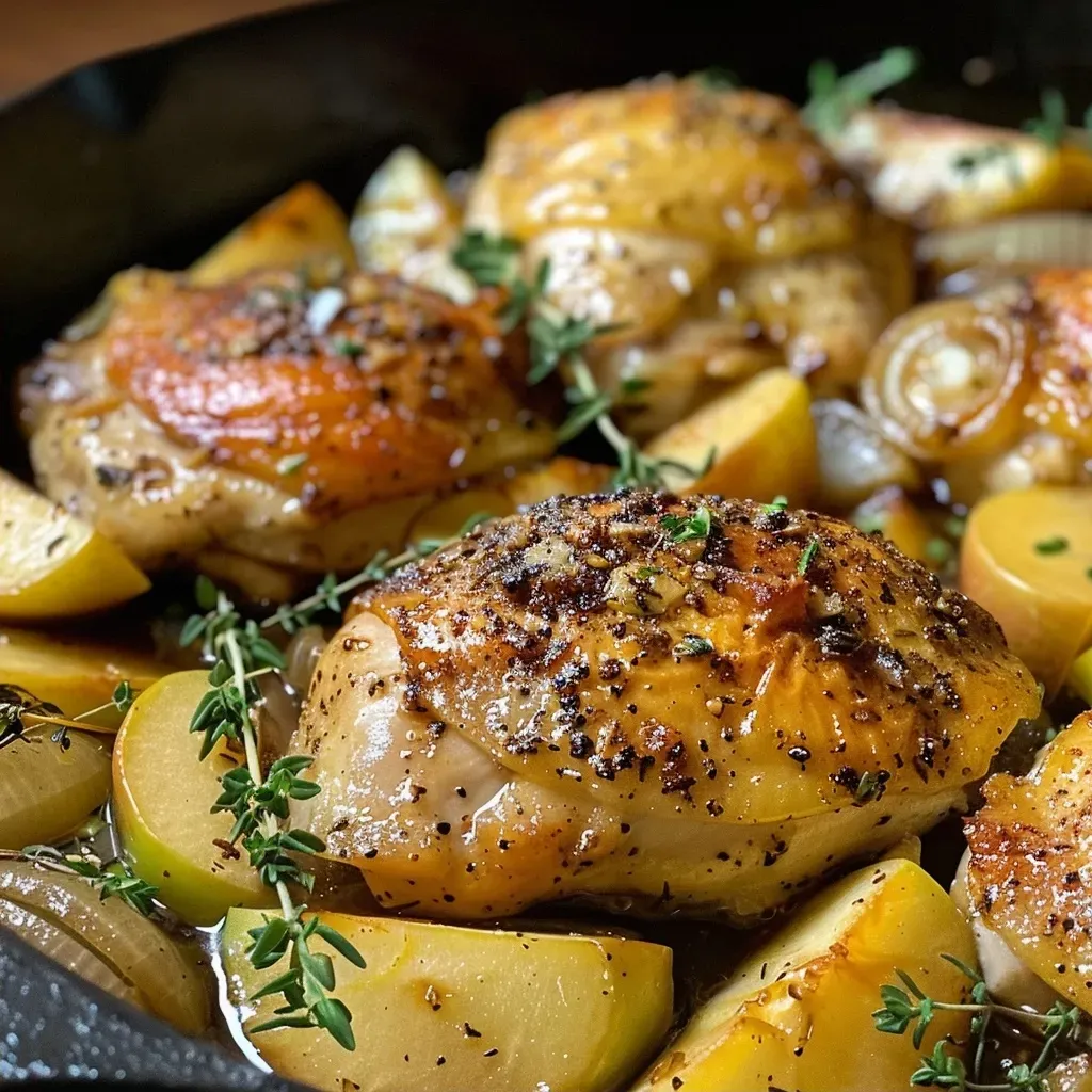 ['Juicy skillet apple cider chicken garnished with fresh herbs.', 'Close-up of skillet apple cider chicken featuring apple slices and herbs.', 'Delicious chicken thighs cooked with apple slices and spices in a skillet.', 'Side view of juicy chicken thighs with apple cider reduction and herbs.']