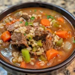 ['Close-up image of a bowl of beef barley soup with visible carrots and parsley.', 'Side view of hearty beef barley soup in a rustic bowl, showing beef chunks and vegetables.', 'Juicy beef barley soup with grains and vegetables, captured in a detailed close-up.', 'Delicious slow cooker beef barley soup displayed with fresh parsley and vibrant colors.']
