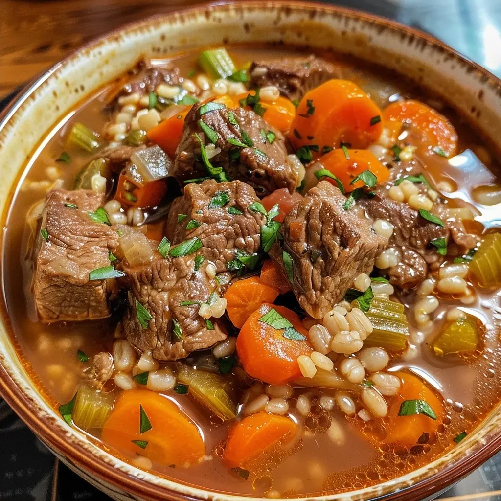 ['Close-up image of a bowl of beef barley soup with visible carrots and parsley.', 'Side view of hearty beef barley soup in a rustic bowl, showing beef chunks and vegetables.', 'Juicy beef barley soup with grains and vegetables, captured in a detailed close-up.', 'Delicious slow cooker beef barley soup displayed with fresh parsley and vibrant colors.']