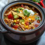 ['Close-up shot of a bowl of Slow Cooker Chicken Tortilla Soup with vibrant ingredients.', 'Side view of a hearty bowl of chicken tortilla soup, featuring colorful vegetables and garnishes.', 'Juicy Slow Cooker Chicken Tortilla Soup in a rustic bowl, garnished with avocado and cilantro.', 'Tasty-looking bowl of chicken tortilla soup with tortilla strips and lime wedges on the side.']