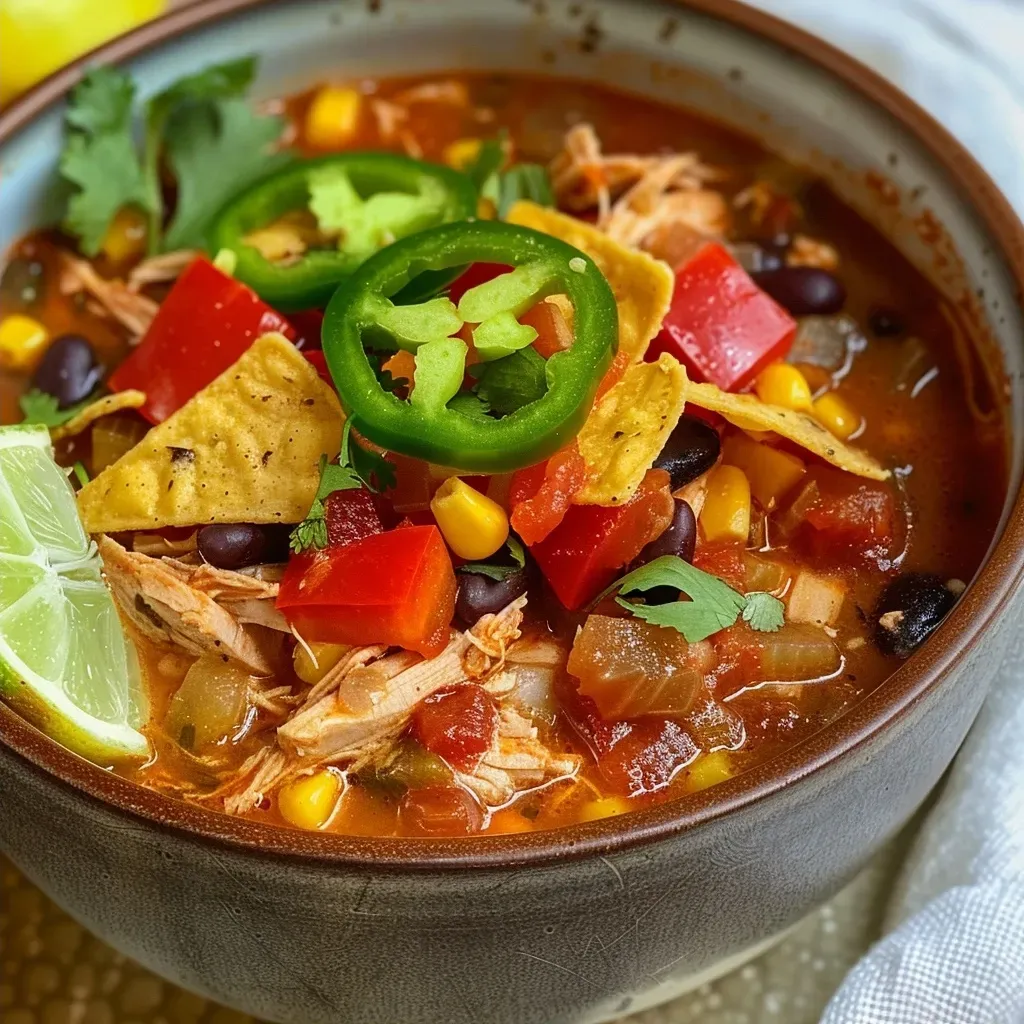 ['Close-up view of a bowl of chicken tortilla soup with vibrant toppings.', 'Juicy slow cooker chicken tortilla soup garnished with avocado and cheese.', 'Side angle of a steaming bowl of chicken tortilla soup with colorful ingredients.', 'Detailed shot of chicken tortilla soup with fresh cilantro and tortilla chips.']