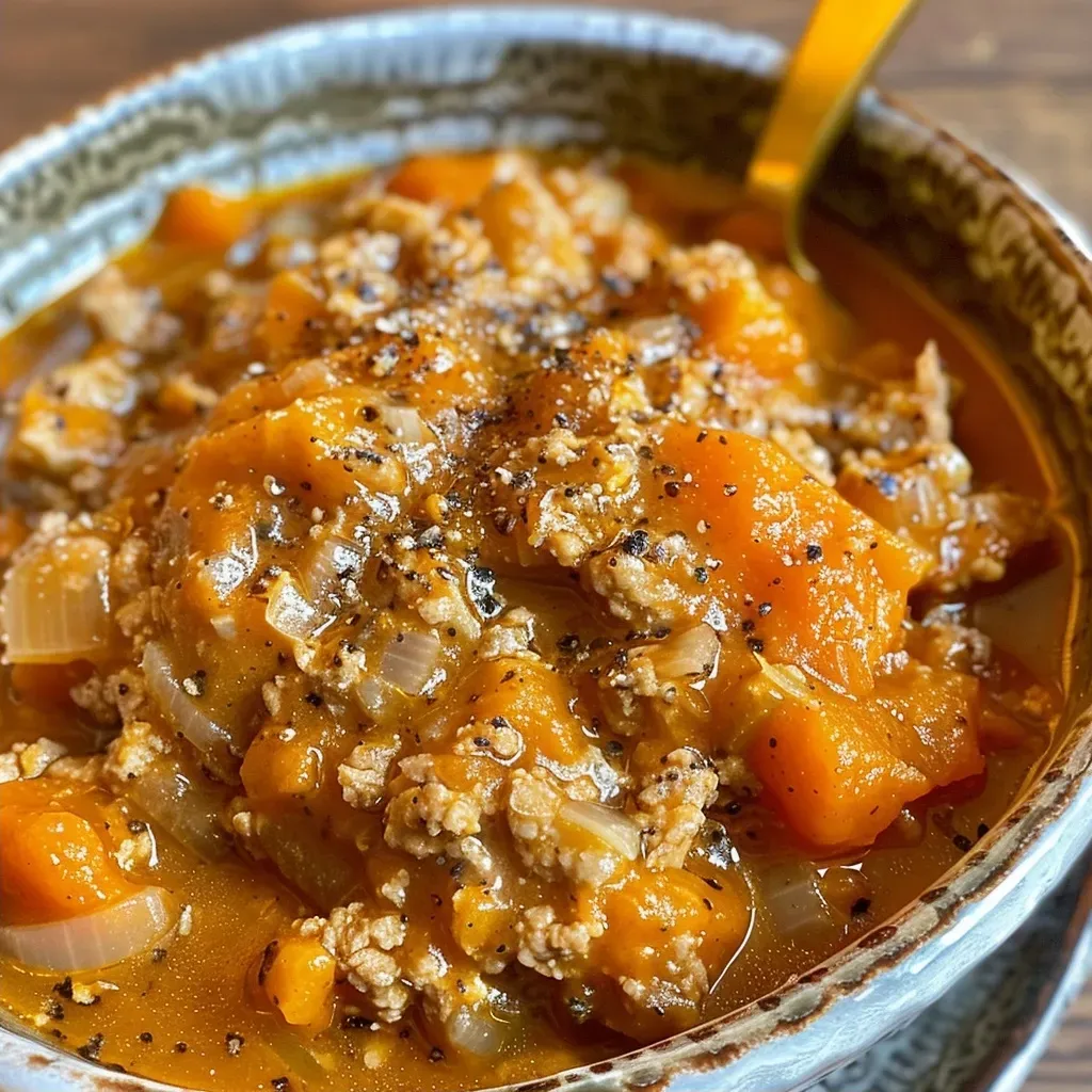 ['Close-up of a bowl of Slow Cooker Pumpkin and Turkey Stew with visible chunks of turkey and vibrant orange pumpkin puree.', 'Side view of a hearty Slow Cooker Pumpkin and Turkey Stew showcasing spices and ingredients, garnished attractively.', 'A bowl filled with steaming Slow Cooker Pumpkin and Turkey Stew, featuring diced onion and herbs on top.', 'Close-up of a comforting Slow Cooker Pumpkin and Turkey Stew highlighting its creamy texture and rich colors.']