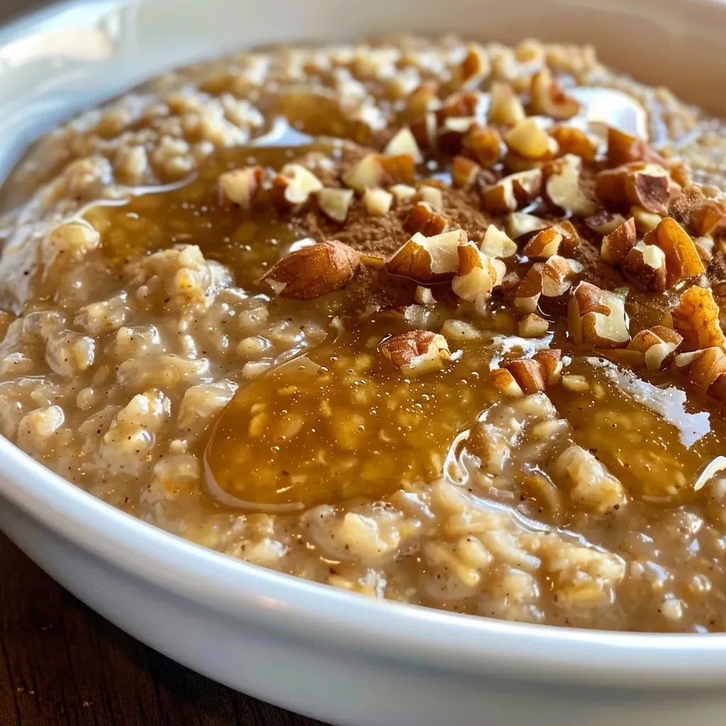 ['Close-up of creamy steel cut oats topped with pumpkin puree and spices.', 'Side view of a bowl filled with slow-cooked steel cut oats and a sprinkle of cinnamon.', 'Juicy slow cooker steel cut oats garnished with maple syrup and pumpkin puree.', 'Textured steel cut oats in a bowl, showcasing the warm, inviting colors of the dish.']