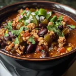 ['Close-up view of a bowl of thick, hearty Slow Cooker Turkey Chili with visible beans and corn.', 'Side view of a steaming bowl filled with colorful ingredients of Slow Cooker Turkey Chili.', 'Detailed close-up of Slow Cooker Turkey Chili with ground turkey, beans, and spices.', 'A vibrant bowl of turkey chili showcasing diced tomatoes, onions, and peppers.']
