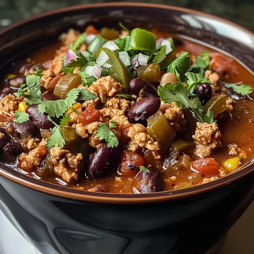 ['Close-up view of a bowl of thick, hearty Slow Cooker Turkey Chili with visible beans and corn.', 'Side view of a steaming bowl filled with colorful ingredients of Slow Cooker Turkey Chili.', 'Detailed close-up of Slow Cooker Turkey Chili with ground turkey, beans, and spices.', 'A vibrant bowl of turkey chili showcasing diced tomatoes, onions, and peppers.']