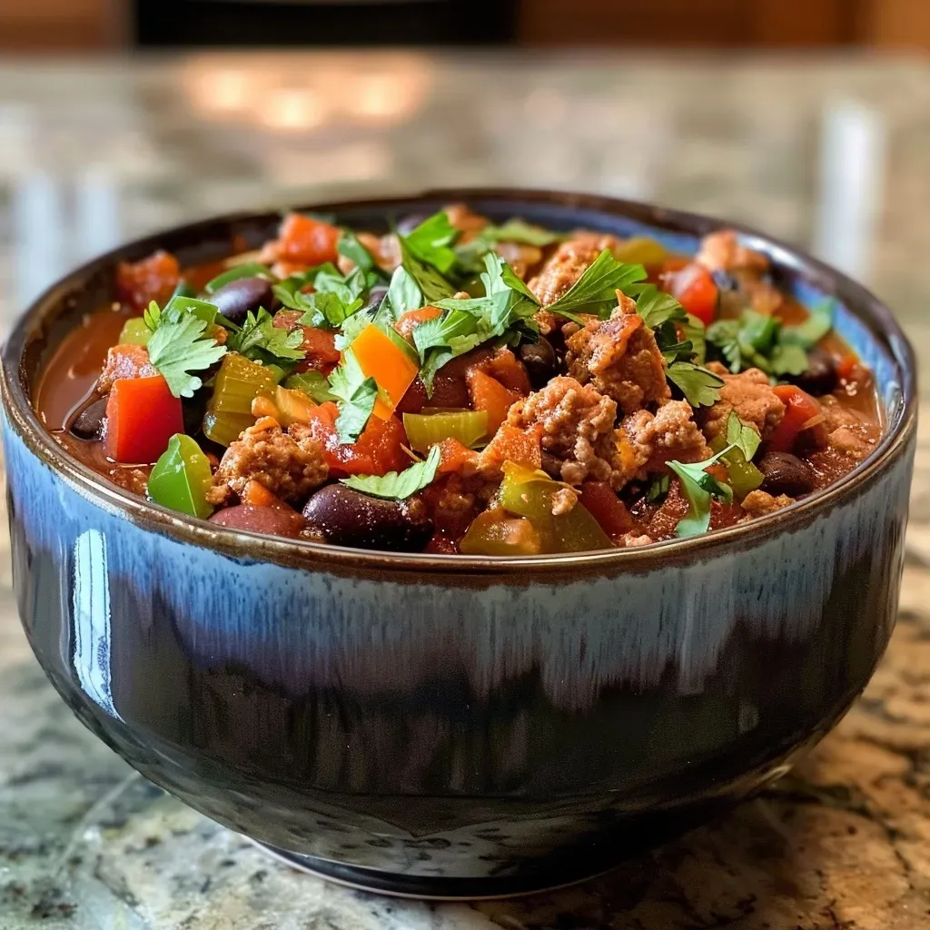 ['Close-up view of a bowl of thick, hearty Slow Cooker Turkey Chili with visible beans and corn.', 'Side view of a steaming bowl filled with colorful ingredients of Slow Cooker Turkey Chili.', 'Detailed close-up of Slow Cooker Turkey Chili with ground turkey, beans, and spices.', 'A vibrant bowl of turkey chili showcasing diced tomatoes, onions, and peppers.']