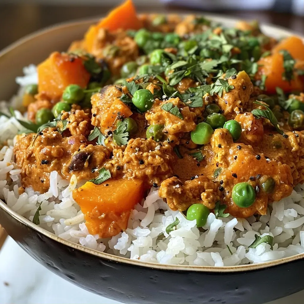 ['Close-up view of a bowl filled with spicy pumpkin and turkey curry, garnished with herbs.', 'Side view of a steaming dish of pumpkin and turkey curry served in a vibrant bowl.', 'A rich and colorful serving of turkey curry with pumpkin and peas in a rustic setting.', 'Juicy turkey curry with pumpkin puree and spices, presented in an elegant dish.']