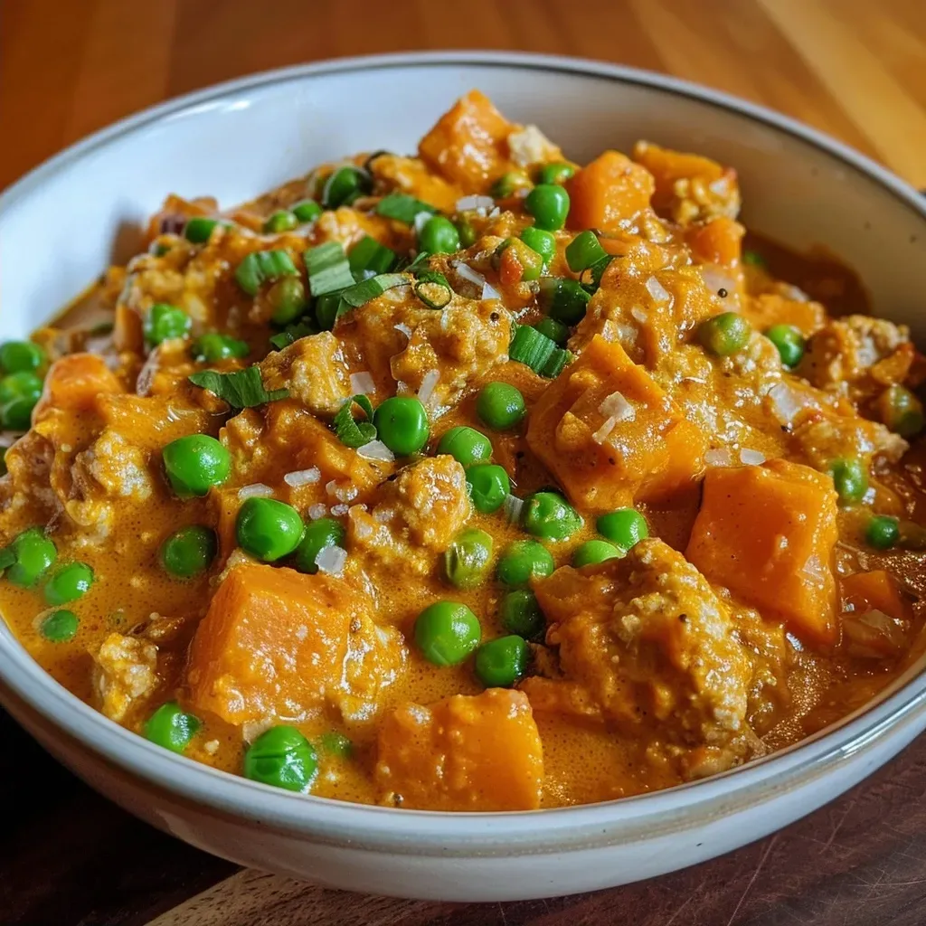 ['Close-up view of a bowl filled with spicy pumpkin and turkey curry, garnished with herbs.', 'Side view of a steaming dish of pumpkin and turkey curry served in a vibrant bowl.', 'A rich and colorful serving of turkey curry with pumpkin and peas in a rustic setting.', 'Juicy turkey curry with pumpkin puree and spices, presented in an elegant dish.']