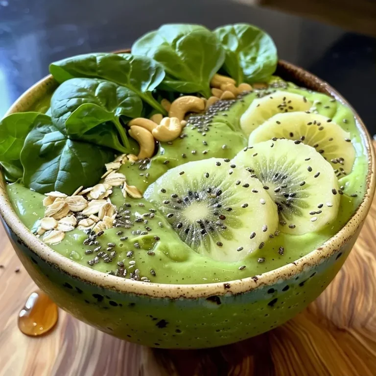 ['Close-up view of a vibrant spinach kiwi smoothie bowl topped with fresh kiwi slices and oats.', 'A refreshing green smoothie bowl made with spinach and kiwi, garnished with banana slices and cashew butter.', 'Side view of a nutritious spinach kiwi smoothie bowl featuring a creamy texture and colorful toppings.', 'Detailed image of a spinach and kiwi smoothie bowl, showcasing its fresh ingredients and vibrant colors.']
