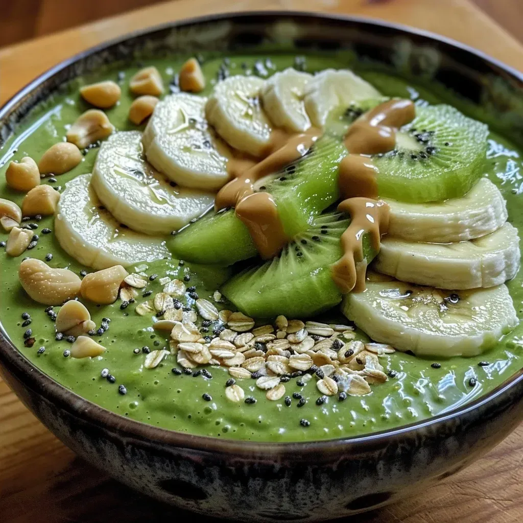 ['Close-up view of a vibrant spinach kiwi smoothie bowl topped with fresh kiwi slices and oats.', 'A refreshing green smoothie bowl made with spinach and kiwi, garnished with banana slices and cashew butter.', 'Side view of a nutritious spinach kiwi smoothie bowl featuring a creamy texture and colorful toppings.', 'Detailed image of a spinach and kiwi smoothie bowl, showcasing its fresh ingredients and vibrant colors.']