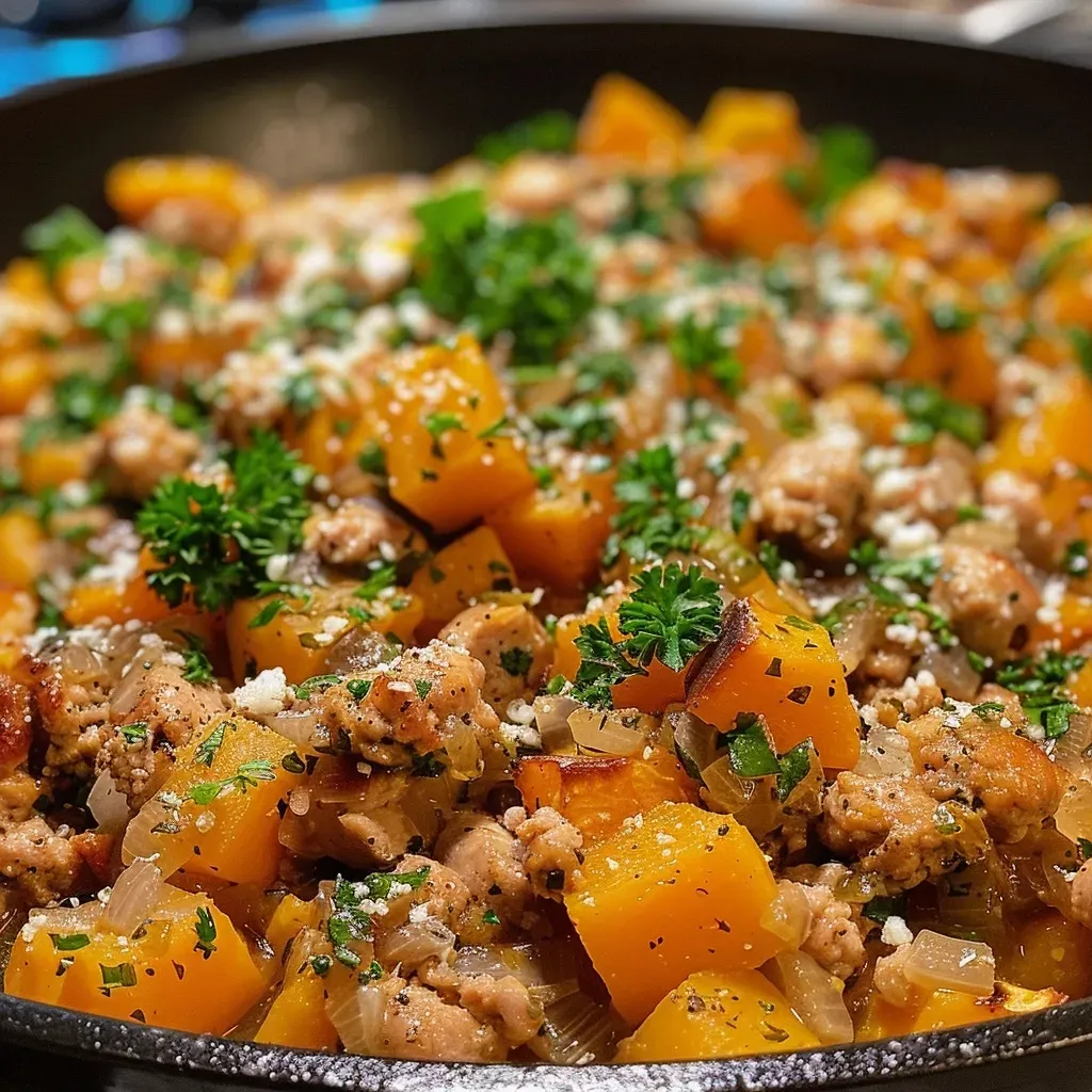 Close-up view of a Turkey Butternut Squash Skillet with vibrant colors.