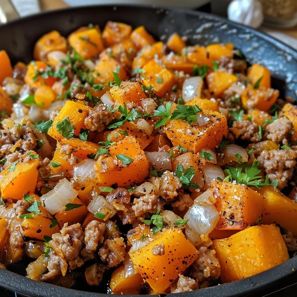 Close-up view of a Turkey Butternut Squash Skillet with vibrant colors.