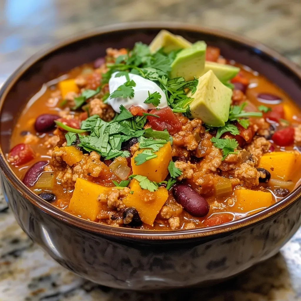 ['Close-up view of a hearty bowl of Turkey Pumpkin Chili topped with avocado and cilantro.', 'Side angle of a serving of Turkey Pumpkin Chili with visible ingredients like beans and pumpkin puree.', 'Detailed shot of a warm bowl of Turkey Pumpkin Chili garnished with sour cream and lime wedges.', 'Inviting image of Turkey Pumpkin Chili featuring rich colors and textures, served in a rustic bowl.']