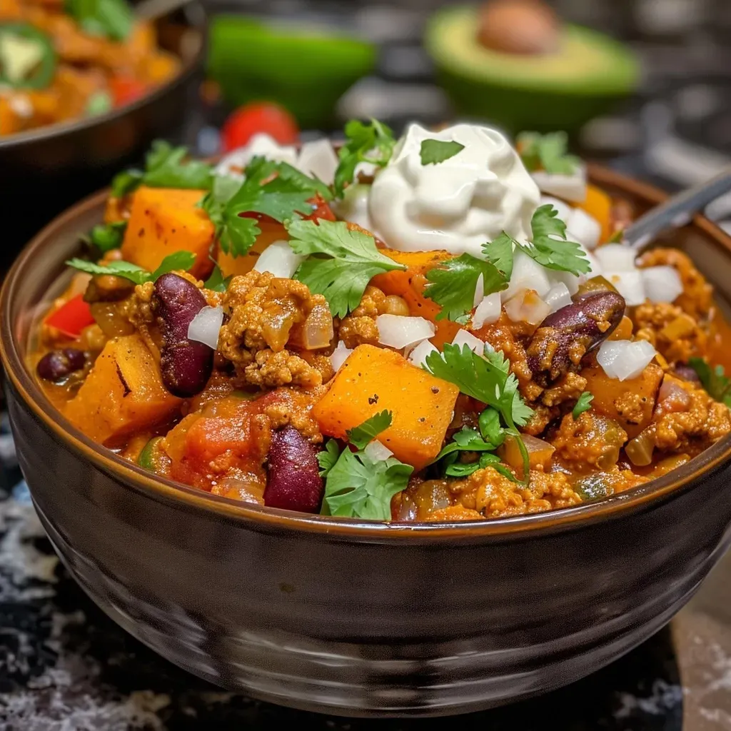 ['Close-up view of a hearty bowl of Turkey Pumpkin Chili topped with avocado and cilantro.', 'Side angle of a serving of Turkey Pumpkin Chili with visible ingredients like beans and pumpkin puree.', 'Detailed shot of a warm bowl of Turkey Pumpkin Chili garnished with sour cream and lime wedges.', 'Inviting image of Turkey Pumpkin Chili featuring rich colors and textures, served in a rustic bowl.']