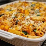 ['Close-up of a golden-brown Turkey Pumpkin Pasta Bake with melted cheese on top.', 'A side view of a hearty Turkey Pumpkin Pasta Bake showcasing pasta, turkey, and seasonal vegetables.', 'Juicy Turkey Pumpkin Pasta Bake loaded with cheese, pasta, and a mix of colorful vegetables.', 'An appetizing slice of Turkey Pumpkin Pasta Bake displaying vibrant ingredients and bubbling cheese.']
