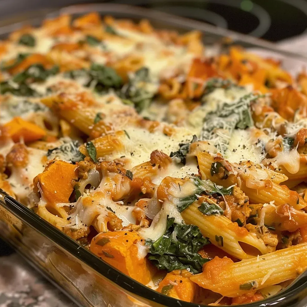 ['Close-up of a golden-brown Turkey Pumpkin Pasta Bake with melted cheese on top.', 'A side view of a hearty Turkey Pumpkin Pasta Bake showcasing pasta, turkey, and seasonal vegetables.', 'Juicy Turkey Pumpkin Pasta Bake loaded with cheese, pasta, and a mix of colorful vegetables.', 'An appetizing slice of Turkey Pumpkin Pasta Bake displaying vibrant ingredients and bubbling cheese.']