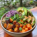 ['Close-up view of a colorful Roasted Sweet Potato and Quinoa Bowl with various toppings.', 'Side angle of a vibrant bowl featuring roasted sweet potatoes, quinoa, and fresh vegetables.', 'Detailed shot of a Quinoa Bowl filled with roasted sweet potatoes, greens, and a drizzle of sauce.', 'Mouthwatering display of roasted sweet potato and quinoa topped with herbs in a rustic bowl.']