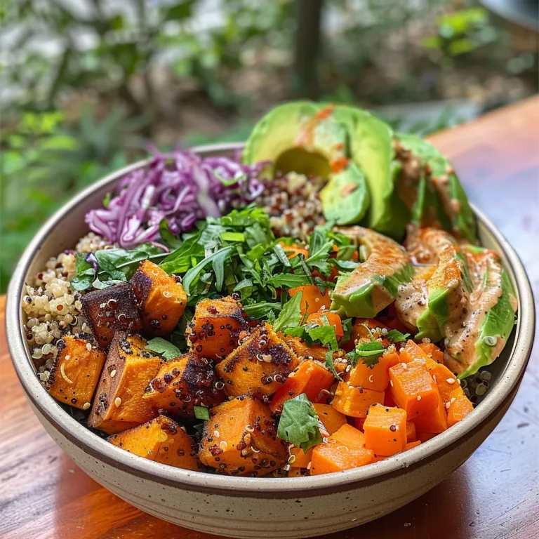 ['Close-up view of a colorful Roasted Sweet Potato and Quinoa Bowl with various toppings.', 'Side angle of a vibrant bowl featuring roasted sweet potatoes, quinoa, and fresh vegetables.', 'Detailed shot of a Quinoa Bowl filled with roasted sweet potatoes, greens, and a drizzle of sauce.', 'Mouthwatering display of roasted sweet potato and quinoa topped with herbs in a rustic bowl.']