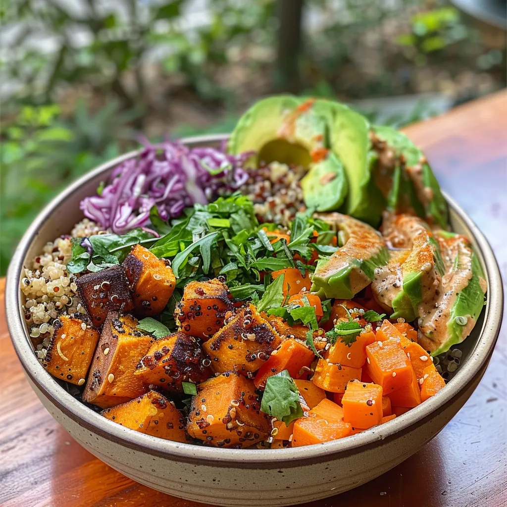 ['Close-up view of a colorful Roasted Sweet Potato and Quinoa Bowl with various toppings.', 'Side angle of a vibrant bowl featuring roasted sweet potatoes, quinoa, and fresh vegetables.', 'Detailed shot of a Quinoa Bowl filled with roasted sweet potatoes, greens, and a drizzle of sauce.', 'Mouthwatering display of roasted sweet potato and quinoa topped with herbs in a rustic bowl.']