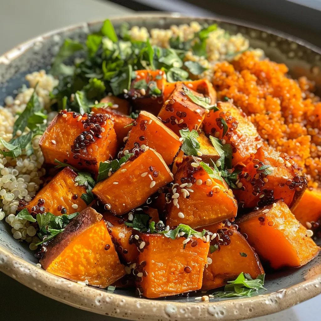 ['Close-up view of a colorful Roasted Sweet Potato and Quinoa Bowl with various toppings.', 'Side angle of a vibrant bowl featuring roasted sweet potatoes, quinoa, and fresh vegetables.', 'Detailed shot of a Quinoa Bowl filled with roasted sweet potatoes, greens, and a drizzle of sauce.', 'Mouthwatering display of roasted sweet potato and quinoa topped with herbs in a rustic bowl.']