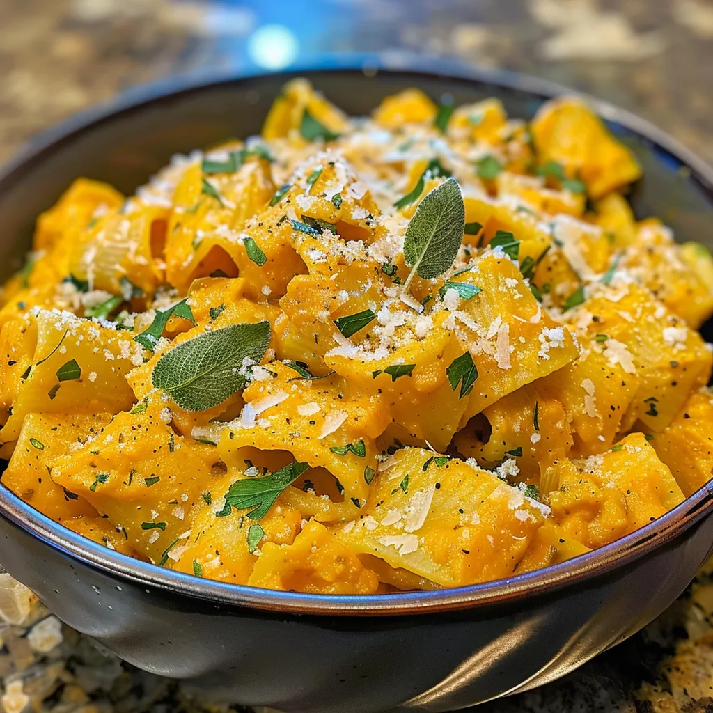 ['Close-up view of a creamy butternut squash pasta sauce with herbs.', 'Side view of butternut squash pasta sauce in a bowl, garnished with fresh sage.', 'Thick and vibrant butternut squash sauce ready for pasta, shot from the side.', 'Rich orange butternut squash sauce in a dish, showcasing its texture and ingredients.']