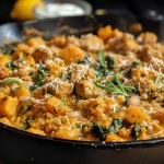 ['Close-up of a creamy pumpkin turkey skillet with white beans and spinach.', 'Delicious creamy pumpkin turkey dish in a skillet, garnished with herbs.', 'Side view of a hearty pumpkin turkey skillet filled with beans and greens.', 'Juicy ground turkey and white beans in a creamy pumpkin sauce in a skillet.']