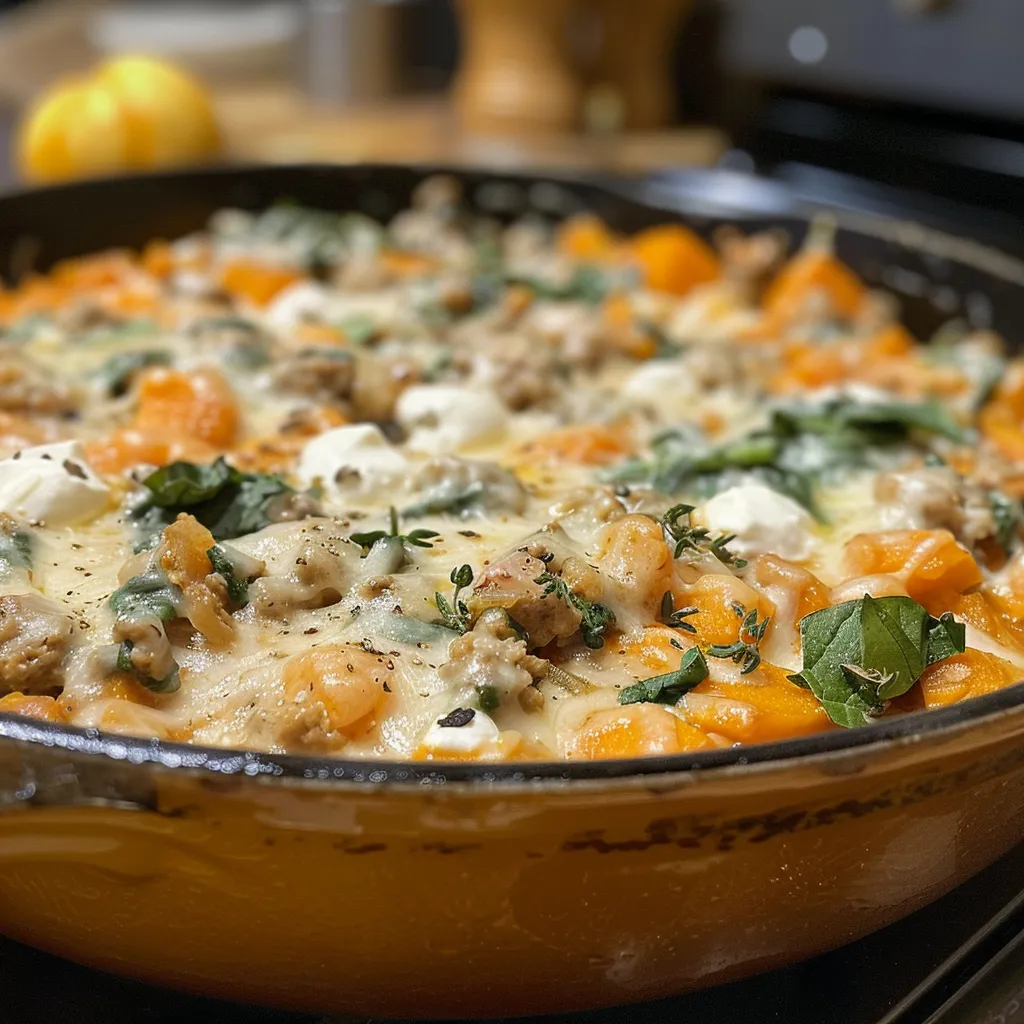 ['Close-up of a creamy pumpkin turkey skillet with white beans and spinach.', 'Delicious creamy pumpkin turkey dish in a skillet, garnished with herbs.', 'Side view of a hearty pumpkin turkey skillet filled with beans and greens.', 'Juicy ground turkey and white beans in a creamy pumpkin sauce in a skillet.']