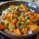 ['Close-up view of a juicy pumpkin chicken curry served in a bowl.', 'Side view of a vibrant pumpkin chicken curry garnished with fresh coriander.', 'Detailed shot of pumpkin chicken curry with visible spices and coconut cream.', 'Colorful presentation of easy pumpkin chicken curry in a rustic dish.']