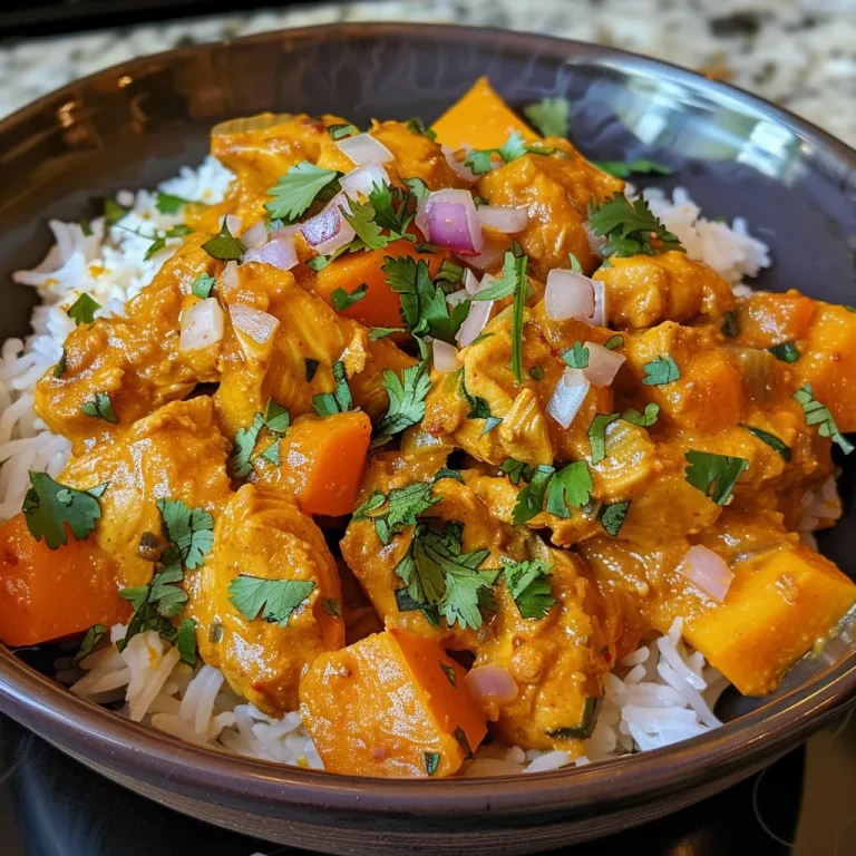 ['Close-up view of a juicy pumpkin chicken curry served in a bowl.', 'Side view of a vibrant pumpkin chicken curry garnished with fresh coriander.', 'Detailed shot of pumpkin chicken curry with visible spices and coconut cream.', 'Colorful presentation of easy pumpkin chicken curry in a rustic dish.']