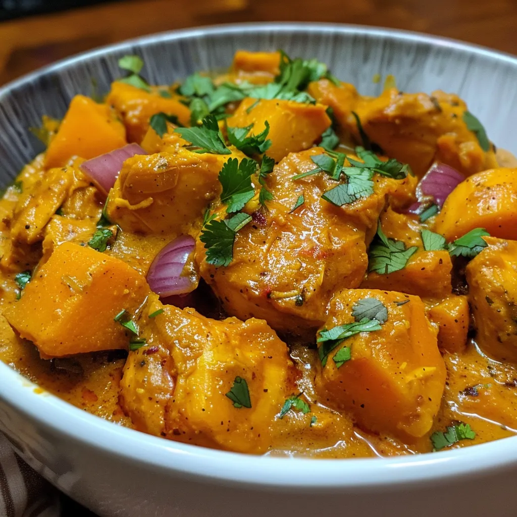 Close-up view of a juicy pumpkin chicken curry served in a bowl.