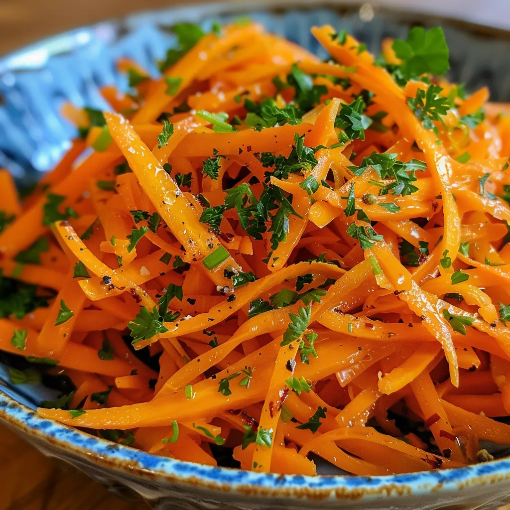 ['Close-up view of a vibrant carrot salad with fresh parsley, drizzled with olive oil.', 'Side-angle shot of a colorful raw carrot salad featuring grated carrots and red pepper flakes.', 'Juicy carrot salad with ingredients like honey, olive oil, and apple cider vinegar, garnished with parsley.', 'Detailed view of a hormone-healthy raw carrot salad in a bowl, showcasing bright orange carrots and seasonings.']