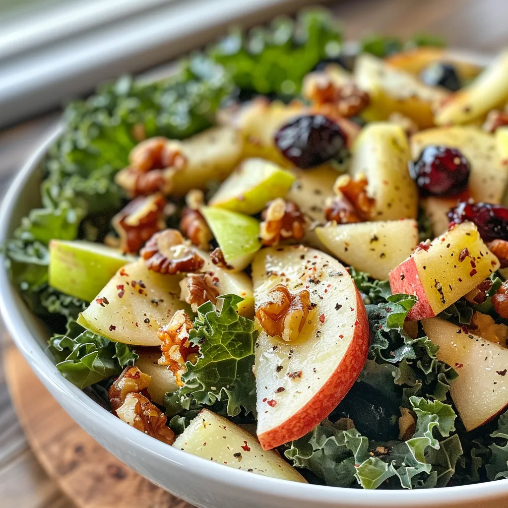 ['Close-up view of a vibrant Kale Apple Salad with colorful ingredients.', 'Side view of a Kale Apple Salad featuring matchstick apples and pumpkin seeds.', 'Freshly made Kale Apple Salad showcasing shredded kale and diced red onion.', 'Appetizing Kale Apple Salad with a mix of green and red hues from apples and toppings.']