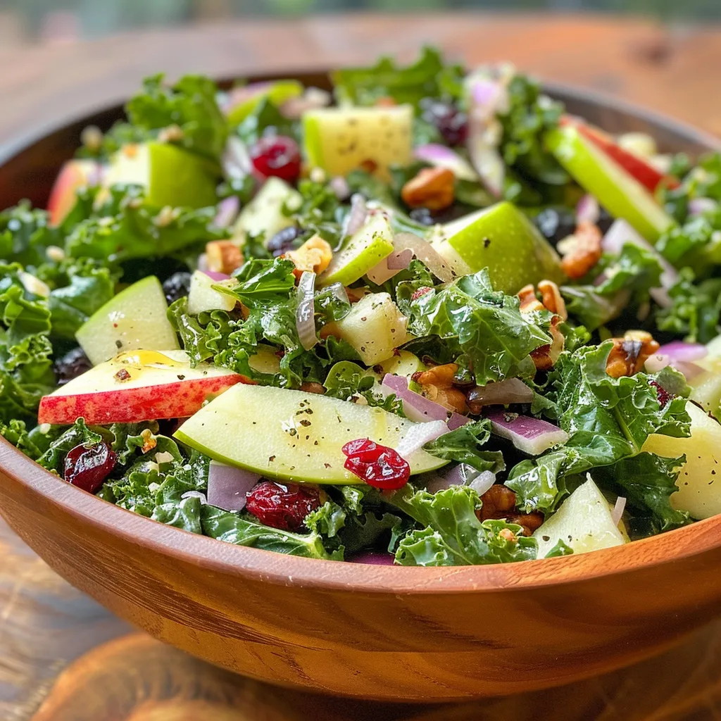 ['Close-up of a vibrant Kale Apple Salad featuring diced apples and cranberries.', 'Side view of a fresh Kale Apple Salad with blueberries and walnuts on a plate.', 'A colorful Kale Apple Salad with green Lacinato kale, sweet apple pieces, and nuts.', 'Detailed view of a prepared Kale Apple Salad with a drizzle of maple Dijon dressing.']