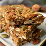 ['Close-up view of Healthy Pumpkin Spice Granola Bars with visible pumpkin seeds and nuts.', 'Side view of assorted Healthy Pumpkin Spice Granola Bars featuring a golden-brown texture.', 'Detailed shot of Healthy Pumpkin Spice Granola Bars highlighting oats and spices.', 'Close-up of granola bars with a rich pumpkin spice color and sprinkled seeds.']