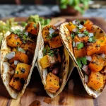 ['Close-up view of Roasted Butternut Squash and Black Bean Tacos on a plate with colorful toppings.', 'Juicy tacos filled with roasted butternut squash and black beans, garnished with fresh vegetables.', 'Side view of tacos showcasing roasted butternut squash, black beans, and vibrant optional toppings.', 'A detailed look at Roasted Butternut Squash and Black Bean Tacos with assorted toppings ready to eat.']